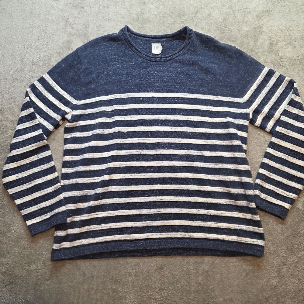 Gap Sweater Mens XL Blue White Stripe Knit Cotton Breton Crew Neck Pullover